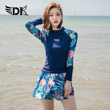 DK泳衣女分体韩国ins风保守遮肚显瘦温泉运动游泳装 藏蓝花 长袖分裙 XL