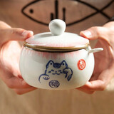 和风四季釉下彩调味罐复古盐罐油罐厨房调料罐调料盒陶瓷辣椒罐猪油罐炖盅 招财猫粉色小号调味罐300ml配勺