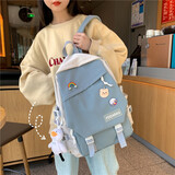 酷咖书包女生初高中大学生双肩背包小学生韩版简约帆布可爱大容量 蓝色小号（带鸭子挂件+带徽章）