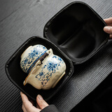 唐丰汝窑青花旅行茶具套装一壶三杯便携快客杯 米黄繁花荷韵旅行茶具