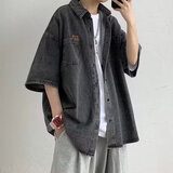 嘉晔（JIAYE）牛仔短袖衬衫男2024夏秋季薄款ins潮港风休闲衬衣外套上衣潮 黑色 2XL
