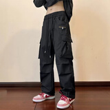 欧美hiphop裤子男ins高街潮美式大口袋工装裤男宽松直筒阔腿机能冲锋裤秋季潮牌休闲长裤 黑色 M建议90-110斤