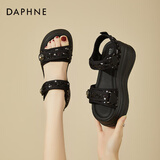 达芙妮小香风运动凉鞋女2025夏季新款厚底松糕女鞋魔术贴亮片罗马沙滩鞋 黑色 38