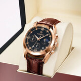 马克华菲手表男士机械风格石英表多功能三眼六针男表学生运动防水潮流国表 玫壳黑面棕皮