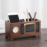 初心万年历笔筒办公桌收纳文具开学礼赠商务纪念品创意礼物 胡桃木万年历笔筒升级款(石英表)