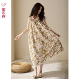 家乐芬睡裙女睡衣梭织棉纱布棉质全棉夏季夏天夏款背心无袖大码连衣裙 A824787莺草黄 XL 适合165-170cm体重120-140斤