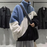 奈加图港风羊羔毛绒外套男冬季韩版潮流棉衣男青少年棉服ins外套男 蓝拼白 L 120-140斤