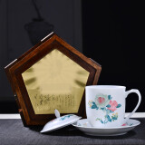 千红窑醴陵瓷器釉下五彩陶瓷茶杯带盖毛瓷杯带碟家用泡茶杯子再造毛瓷杯 毛瓷月季+碟+木盒