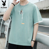 花花公子（PLAYBOY）短袖T恤男夏季男士休闲衣服宽松纯棉半袖潮流打底衫 粉绿 XL 