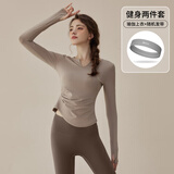 佑游瑜伽服女运动速干衣长袖健身T恤秋冬上衣发带二件套J33428Y咖色M