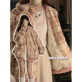 雅黛丝薇加厚小香风羊羔毛绒外套女2025秋冬新款宽松韩系格子棉衣棉服大衣 粉红色【夹棉】 M （建议95-108斤）