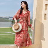 尚都比拉春秋中长款印花红色连衣裙气质女神范显瘦度假裙子 红花 M 