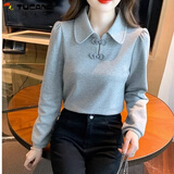 啄木鸟POLO翻领泡泡袖盘扣卫衣女2024年春秋新款设计感小众内搭打底上衣 灰色 优质不起球T恤 L 建议115-130斤