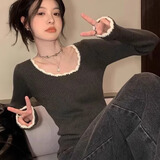 沂懿毛衣女针织衫内搭打底衫2024秋冬新款轻薄上衣可外穿小香风灰色 木耳白边针织衫【灰色】 均码
