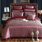 小确幸家纺 四件套 纯棉贡缎提花床品套件 全棉绣花婚庆床上用品 流金溢彩-酒红 1.8m床四件套【被套200*230cm】