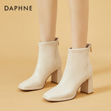 达芙妮方头短靴女粗跟气质高跟马丁靴百搭时尚皮靴女4622607029 米色（单里） 37 