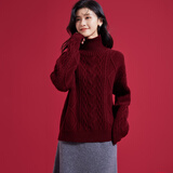 金菊【加厚绵羊毛100%】高领绞花秋冬新款经典毛衣女式羊毛衫 红色XL