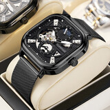 马克华菲（FAIRWHALE）手表男士全自动机械表日月星辰时尚小方块男表防水国潮流腕表礼物 黑壳黑面网带