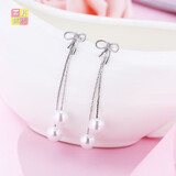 西月锦绣气质蝴蝶结流苏长款珍珠耳环925银针个性耳简约时尚耳坠 银色