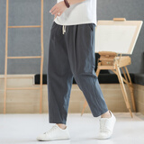 亚麻九分裤男夏季薄款中国风棉麻直筒裤宽松大码胖子哈伦休闲裤子 深灰色 2XL 【130-145斤】