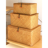 优束 藤编收纳筐竹编草编收纳箱北欧海草带盖民宿编织杂物整理储物篮 大号黄色