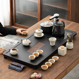 忘艺 黑陶功夫茶具套装家用整套茶具月牙茶盘陶瓷茶杯茶壶茶台四合一 古窗茶盘+米黄汝窑茶具套装