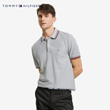 TOMMY HILFIGER夏季男装休闲珠地棉网眼条纹镶边翻领短袖T恤POLO衫B2300 灰色004 S 推荐：120/130斤
