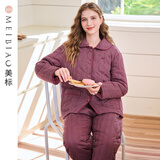 美标睡衣女士冬季加厚三层夹棉休闲全棉质长袖保暖家居服套装 果鸠红 M (160/84A)