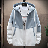 悦景圣春秋男士外套潮流韩版工装夹克青少年学生上衣服休闲薄款连帽褂子 167蓝白[春秋款] XL建议115斤左右