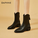 达芙妮女靴软皮软底粗跟尖头中跟单靴女靴子4622607050黑色（单里）37