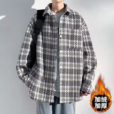 君忆卿春秋小香风宽松翻领外套男潮流百搭时尚情侣上衣青年针织格子夹克 黑色（加绒） XL