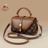 稻草人女包斜挎包真皮旗舰小包单肩包新款小方包手提包撞色老花妈妈包 小版深棕色19.8*9.5*13cm