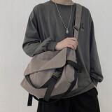 暄琰帆布包复古休闲斜挎包男士简约斜跨包旅行上课学生大容量单肩包女 帆布包【插扣灰色】无挂件