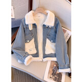 亲素（KINNSU）秋冬新款加绒牛仔外套女立领棉衣厚外套小个子宽松冬季外套女加厚 牛仔蓝 M 【100-115斤】