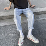 雪莱琼斯美式牛仔裤男生春夏秋季新款ins宽松潮流休闲直筒百搭潮牌长裤子 浅蓝 M