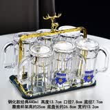库铂带把钢化玻璃杯子防摔耐热家用待客扎啤酒泡茶杯喝水6只北欧套装 440ml钢化经典杯6只+麋鹿水杯架 301-400ml