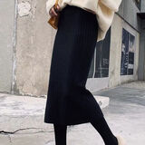盛赛熙厚款开叉针织半身裙包臀包臀裙女中长款冬季冬新款中长裙毛线裙子 黑色【长款70CM】 均码