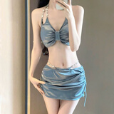 栢启歆比基尼泳衣女性感纯欲三件套沙滩拍照好看海边度假温泉游泳装 比基尼三件套-蓝色妖姬