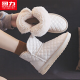 回力雪地靴女2025年冬季女鞋亮面加绒防水短靴百搭棉鞋女韩版面包鞋 米白色 37