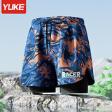 羽克成人泳裤男士双层防尴尬平角裤泳衣套装新款专业沙滩成人游泳装备 橙蓝色（U型护档 专业速干） 4XL(建议165-185斤)