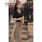 宏资琦 连衣裙2024夏季新款女装甜美气质短款V领上衣网纱半身裙子两件装 黑色上衣+卡其色半身裙 XL（建议119—128斤）