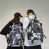 丛林鸟 新款大容量韩版中学生初中生书包男时尚潮流涂鸦背包女结实双肩包旅行包 字母黑