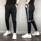 MDNG休闲裤男裤子夏季男束脚运动修身小脚条纹弹力锥形收腿脚 黑色(银灰条纹-薄款) 30 (发其他尺码请留意)