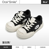 Ocai smile 开口笑 黑色帆布鞋 厚底增高小众国潮鞋夏季大头休闲鞋 复古黑 38