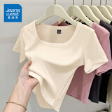 真维斯（JEANSWEST）简约风t恤女夏季韩版紧身显瘦方领短款短袖女装休闲百搭半袖小衫 杏色 纯色 L