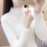 瑷优霏（aiyoufei）瑷优霏针织衫女打底衫秋冬新款女装毛衣百搭短款纯色蕾丝拼接上衣 图片色22水领扣 白色 L建议105-115斤左右