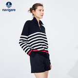 纳维凯尔意大利小帆船半开领针织衫女翻领条纹毛衣2334043501 黑/白 L 