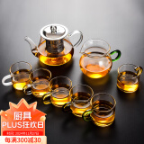 瓷牌茗茶具（cipaiming teaset） 透明玻璃茶具整套套装家用功夫茶壶茶杯会客泡茶器 透明八骏壶6彩把杯+绿柄公杯