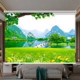 旺厨坊 山水画卷帘古典风景房间书房办公室背景遮光窗帘手拉免打孔拉式 中式风景2 免打孔