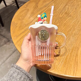 星巴克（Starbucks）杯子韩国渐变藤编透明玻璃杯带把手大容量耐热咖啡水杯生日礼物 粉色小熊玻璃杯400ml+盖子吸管